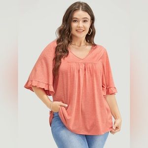 BloomChic Color Coral Solid Gathered Ruffle Trim Flounce Sleeve T-Shirt